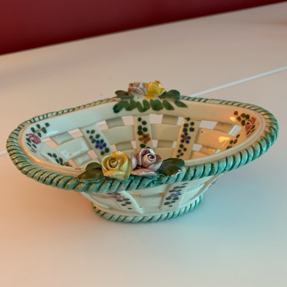 Italian ceramic woven Lattice dish with rosettes